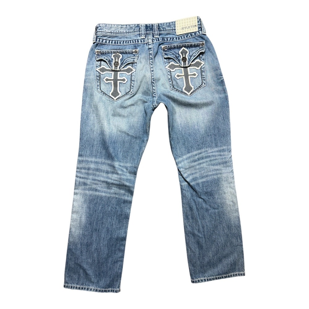 Affliction Grant Mens Jeans 34 Short Blue Cross Flap Pocket Straight
